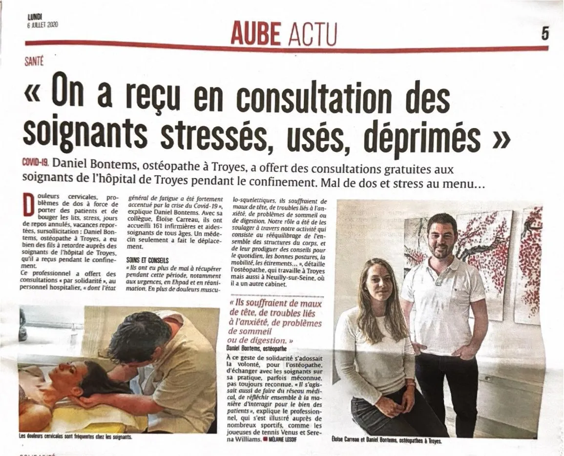 Article d'Aube actu du 6 juillet 2020 : consultations gratuites aux soignants de l'hôpital de Troyes pendant le confinement