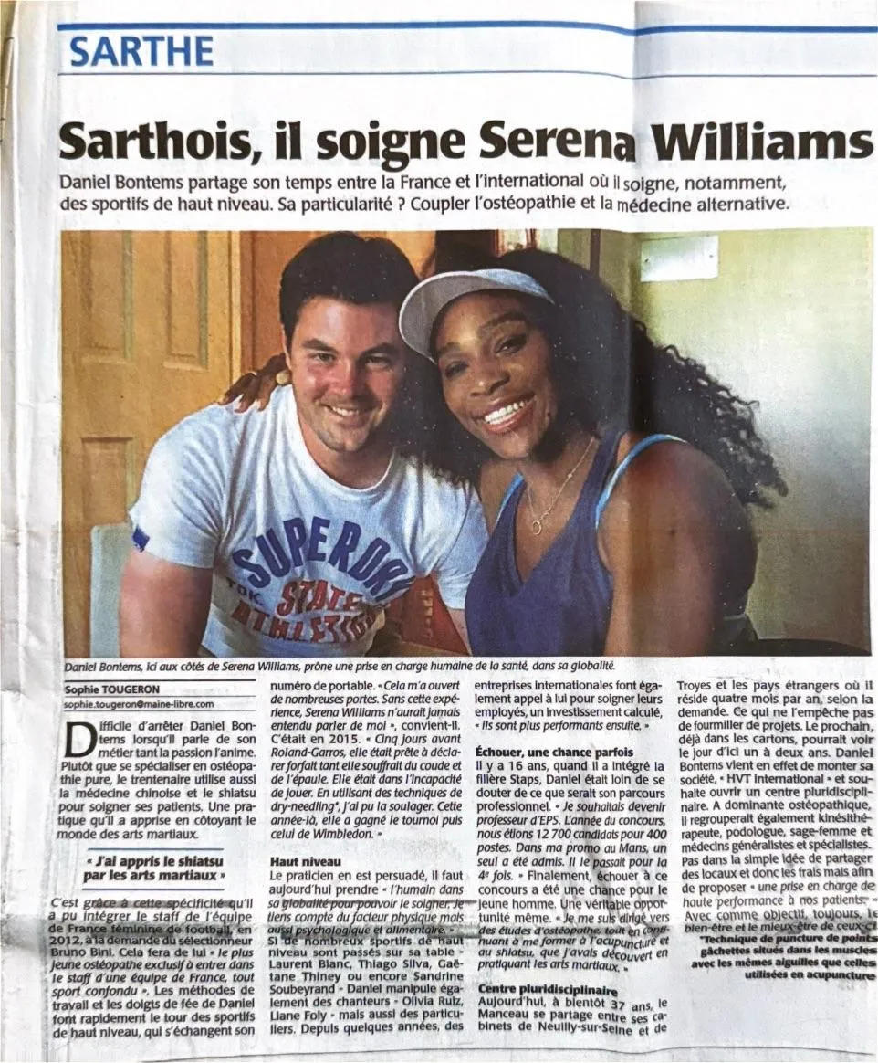 Le Maine Libre du 27 mai 2017, page 3 : « Sarthois, il soigne Serena Williams »
