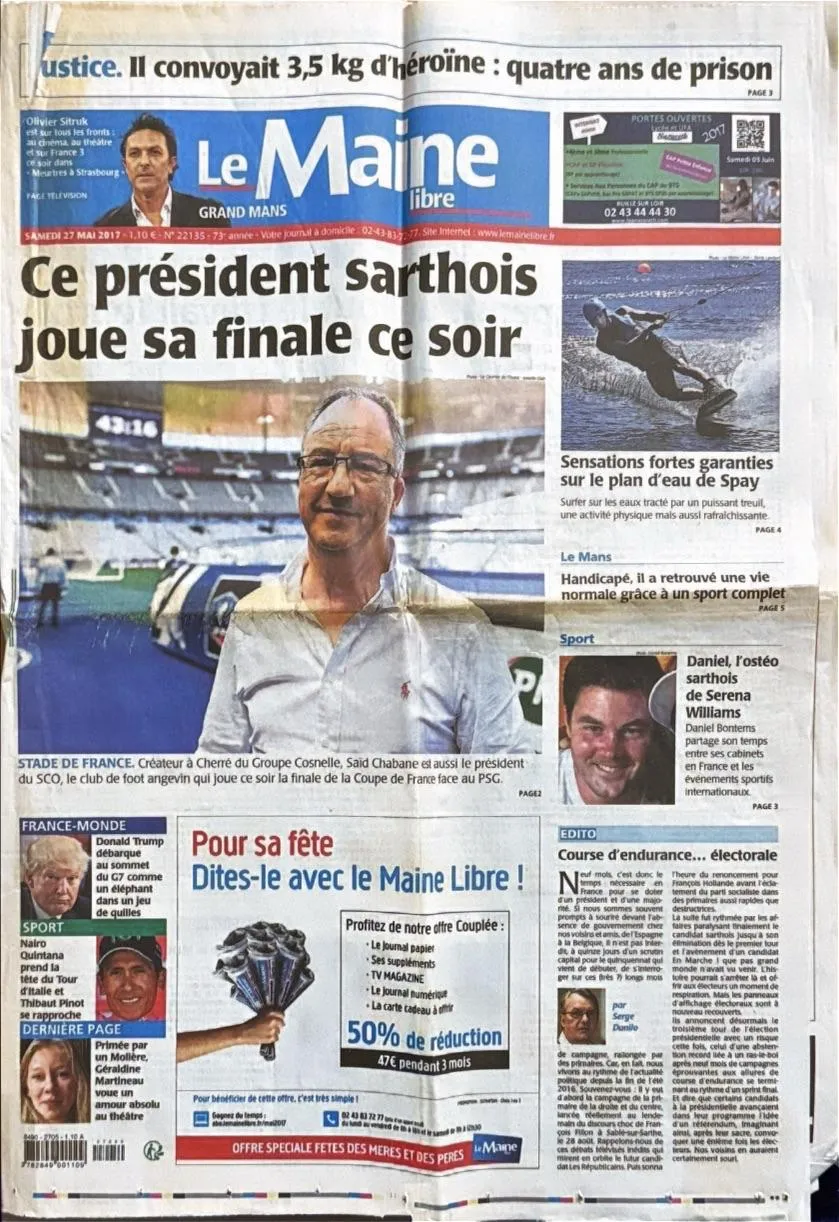 Une du Maine Libre du 27 mai 2017, avec l'annonce « Daniel, l'ostéo sarthois de Serena Williams »
